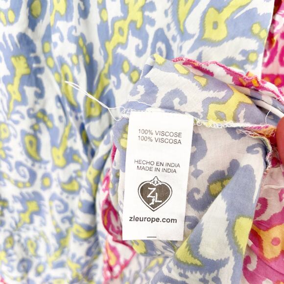 Z&L Europe Blue Pink Printed Bell Sleeve Dress Sz L - Picture 7 of 9